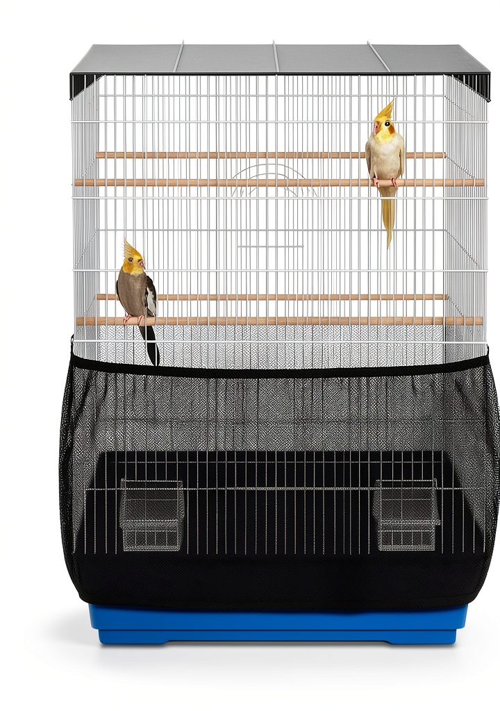 KNUTI birdcage seed guard installed on a round cage