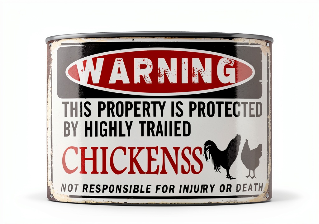 'PTWXSW Chicken Warning Sign displayed on a wooden fence'