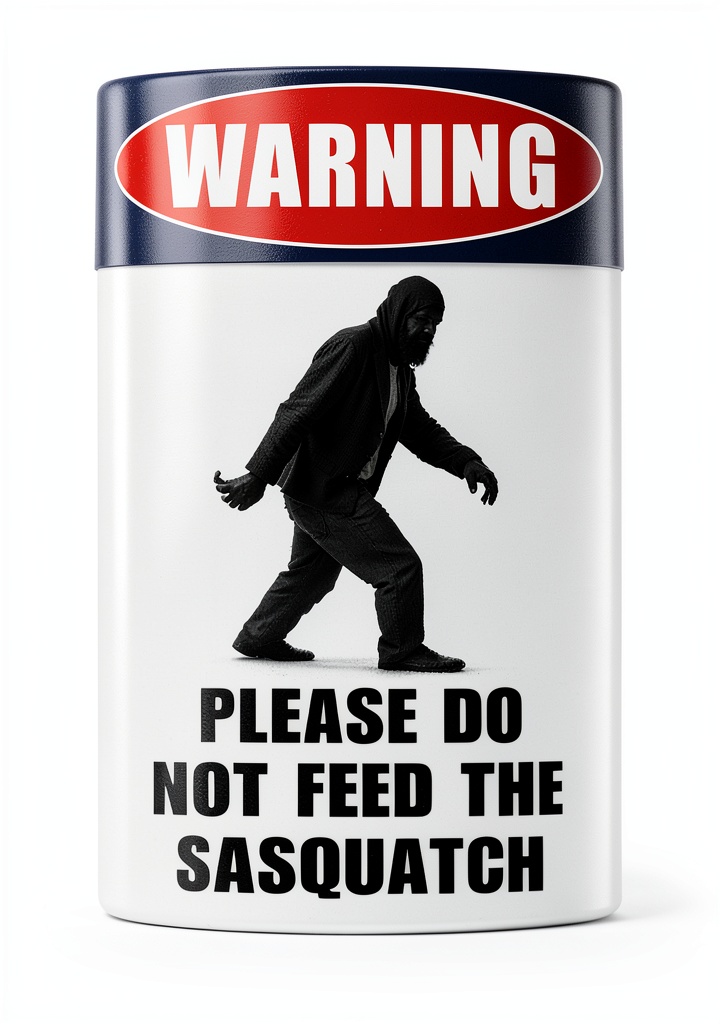 'Please Do Not Feed The Sasquatch metal sign displayed on a wall'