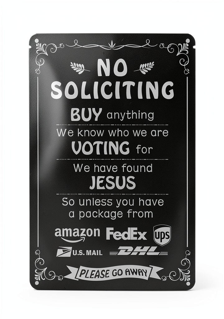 Installing TPH No Soliciting Sign Humorous Metal Wall Mount Yard Decor on a wooden front door