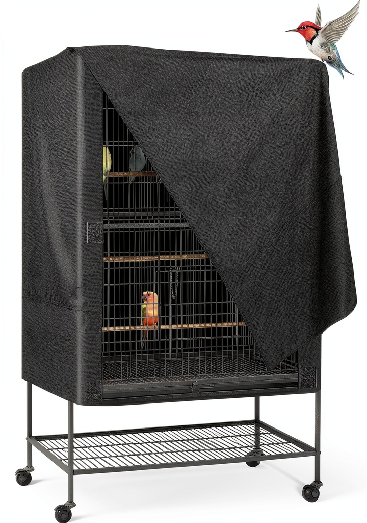 Installing Explore Land Bird Cage Cover Black Water Resistant Indoor on a wooden desk