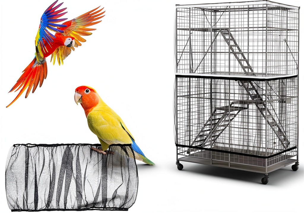 Installing Nogeqi Bird Cage Cover Nylon Stretch Fit Seed Catcher on a wooden desk