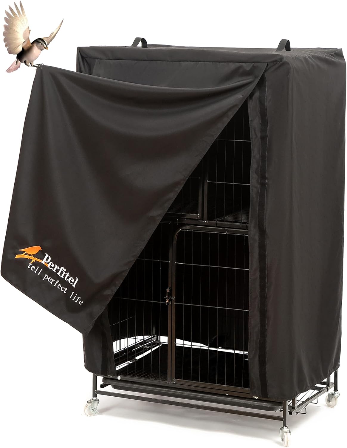 'Perfitel birdcage cover installed on a standard cage'