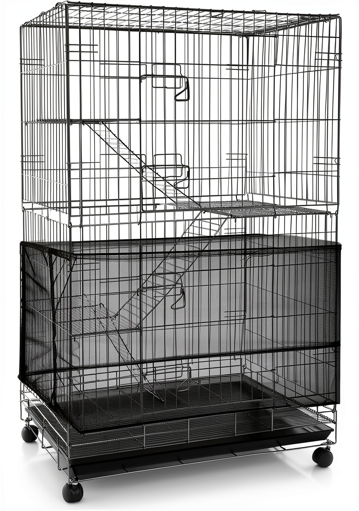 Shappy Bird Cage Cover Nylon Mesh Feather Catcher Net installed on medium rectangular cage