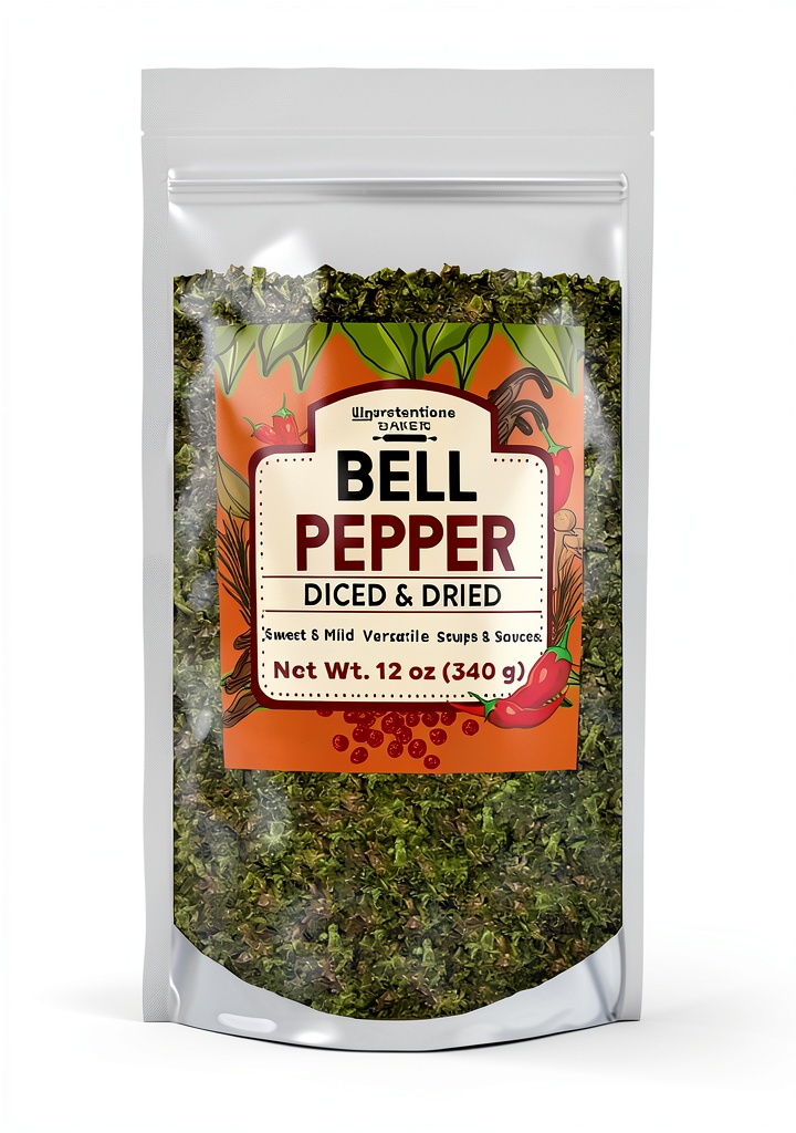 Dried diced bell pepper package opened on kitchen counter