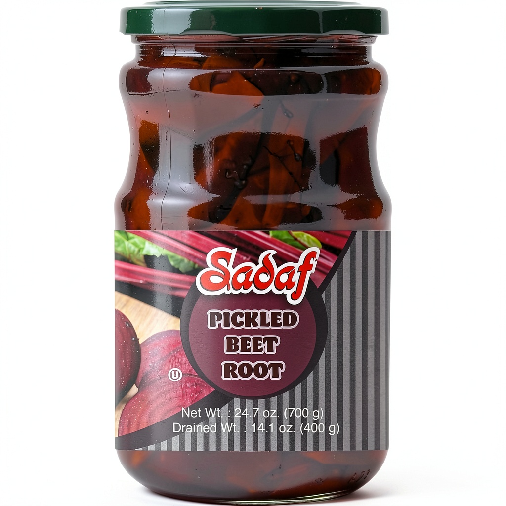 Sadaf Pickled Beet Root jar displayed beside a fresh salad