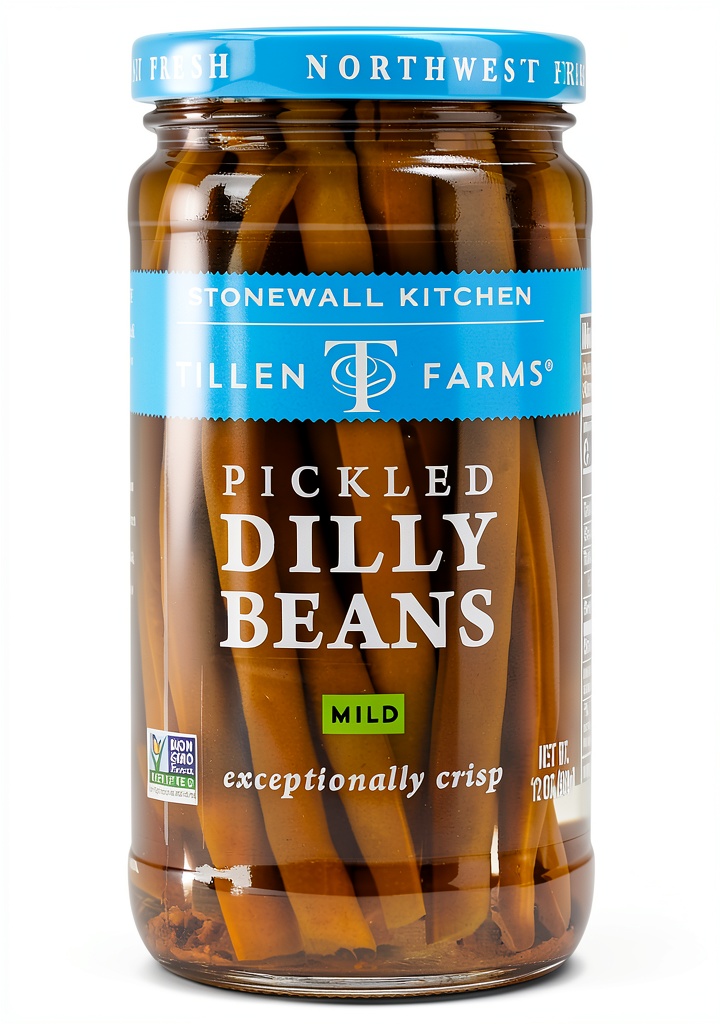 Tillen Farms Pickled Crispy Dilly Beans 12 Ounce plastic jar on a kitchen counter